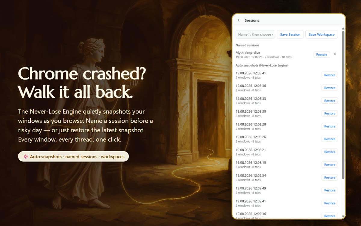 Ariadne restoring a session: windows and their tab trees coming back after a crash