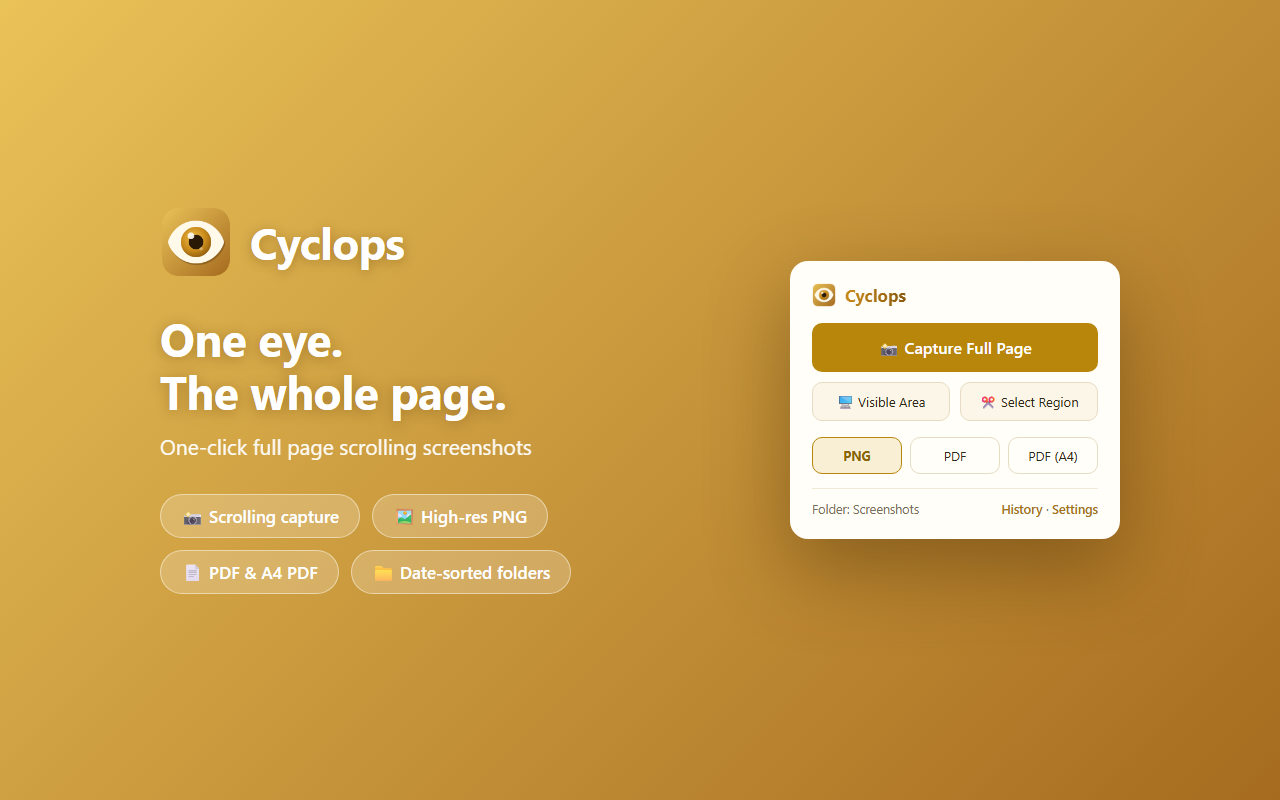 Cyclops save page showing a captured full-page screenshot with format options