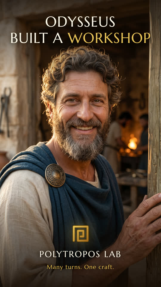 Still from the workshop film: an ancient Greek workshop in warm gold light
